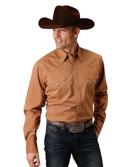 Men's Solid Poplin Western Shirt by Roper from Skip’s Western Outfitters | KAR-03-001-0060-0781-BR-S-CARAMEL