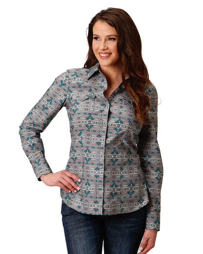 Women's Geometric Aztec Western Shirt by Roper from Skip’s Western Outfitters | KAR-03-050-0067-0304-GY-XS-AZTEC