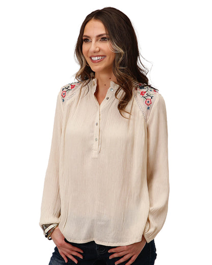 Women's Long Sleeve Crinkle Rayon Blouse by Roper from Skip’s Western Outfitters | KAR-03-050-0565-7054-WH-XS-