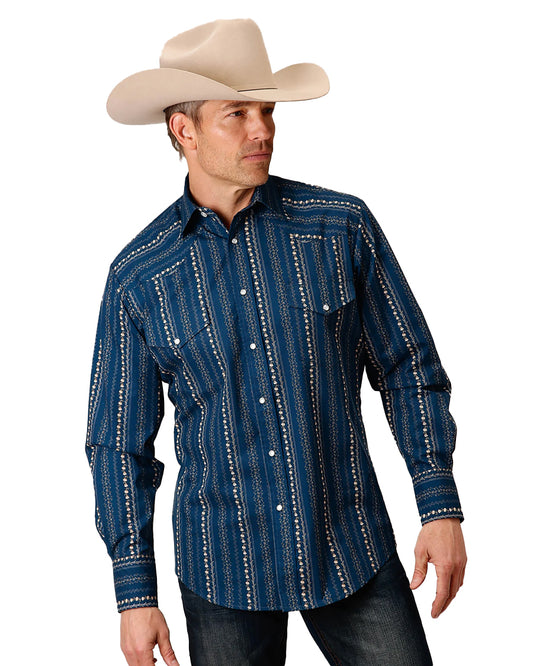 Men's Floral Wallpaper Print Western Shirt by Roper from Skip’s Western Outfitters | KAR-01-001-0019-0710-BU-S-NAVY/KHAKI