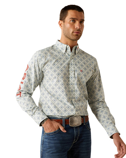 Men's Team Prestley Fitted Shirt by Ariat from Skip’s Western Outfitters | ARI-10054729-XS-BLUE-/-ORANGE