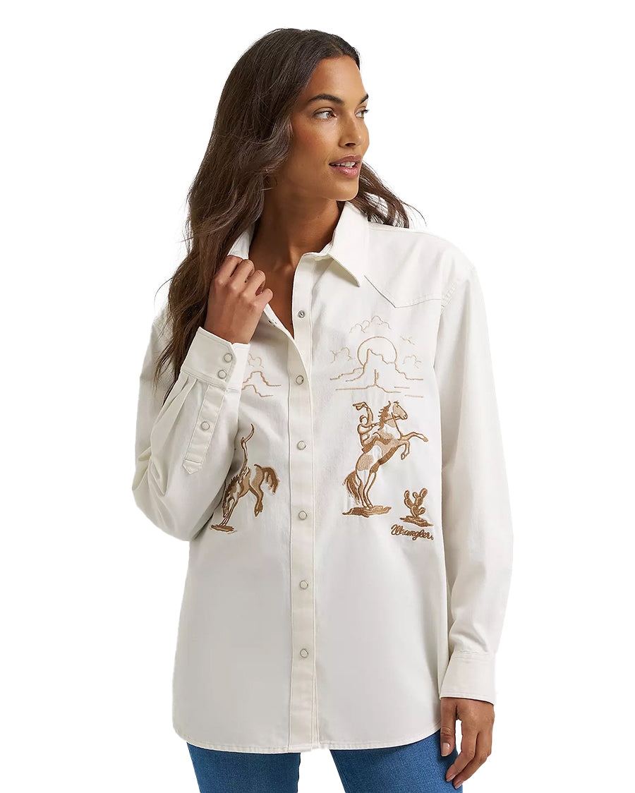 Women's Embroidered Retro® Vintage Boyfriend Denim Snap Shirt by Wrangler from Skip’s Western Outfitters | WRA-112375070-XS-REG