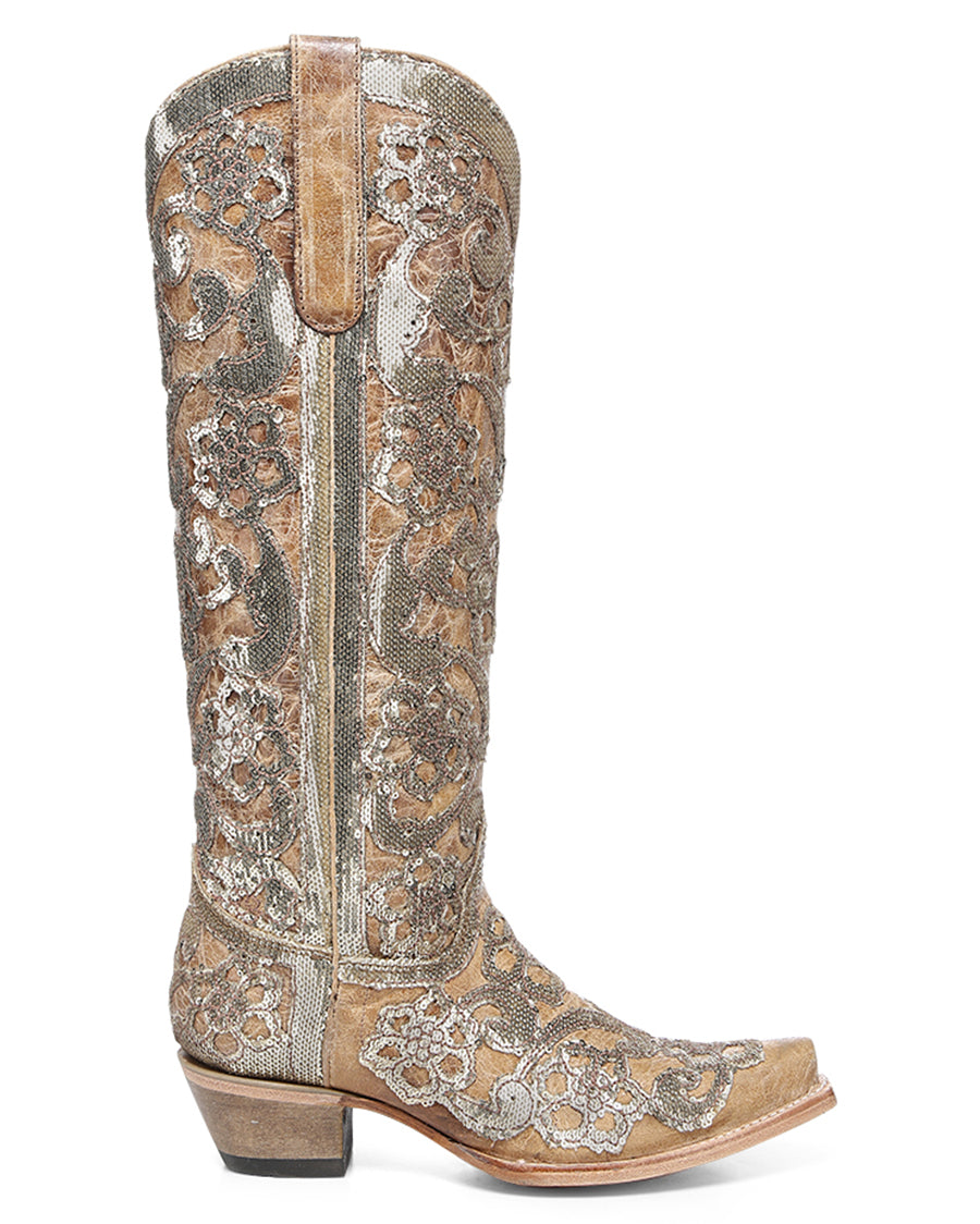Women's Floral Sequin Tall Top Western Boots - A4867