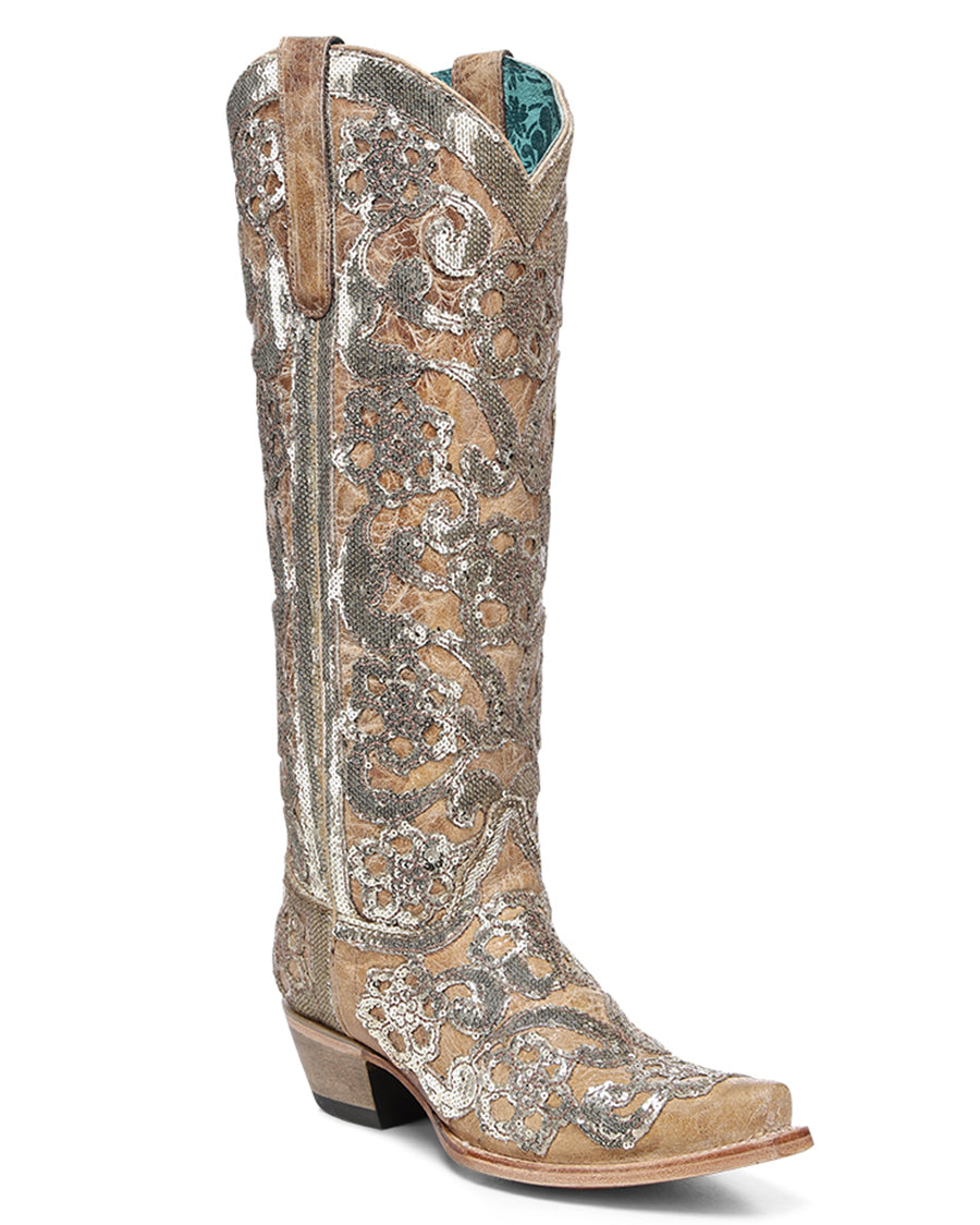Women's Floral Sequin Tall Top Western Boots - A4867