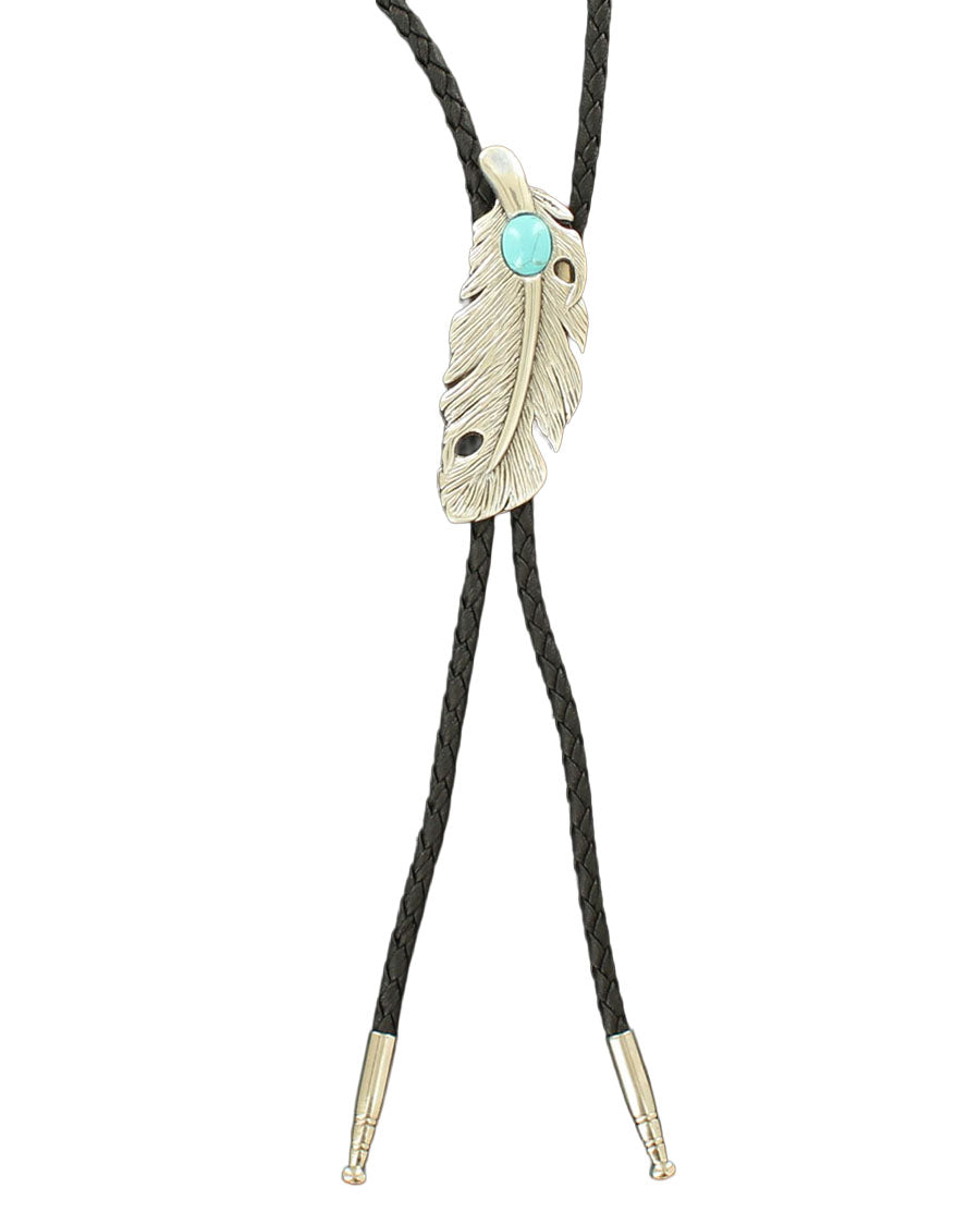 Feather with Turquoise Slide Double S Bolo Tie - 22104