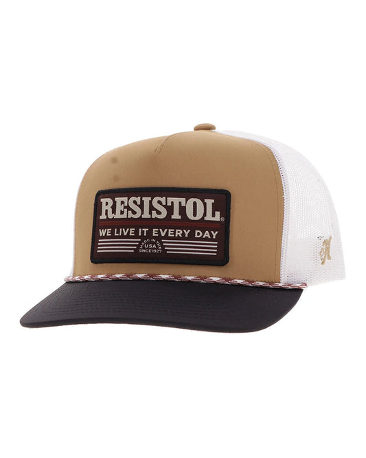 Resistol Tan / White 5-Panel Trucker With Black / Red Rectangle Patch - 2552T-Tnwh