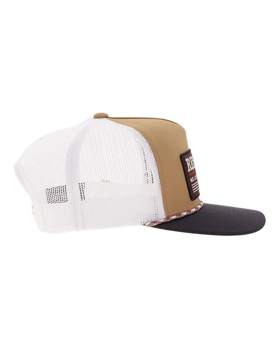 Resistol Tan / White 5-Panel Trucker With Black / Red Rectangle Patch - 2552T-Tnwh