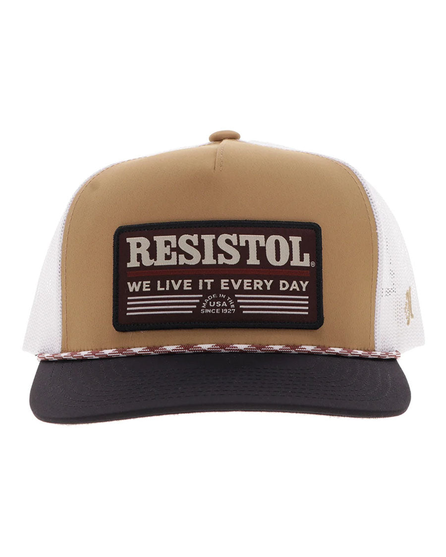 Resistol Tan / White 5-Panel Trucker With Black / Red Rectangle Patch - 2552T-Tnwh