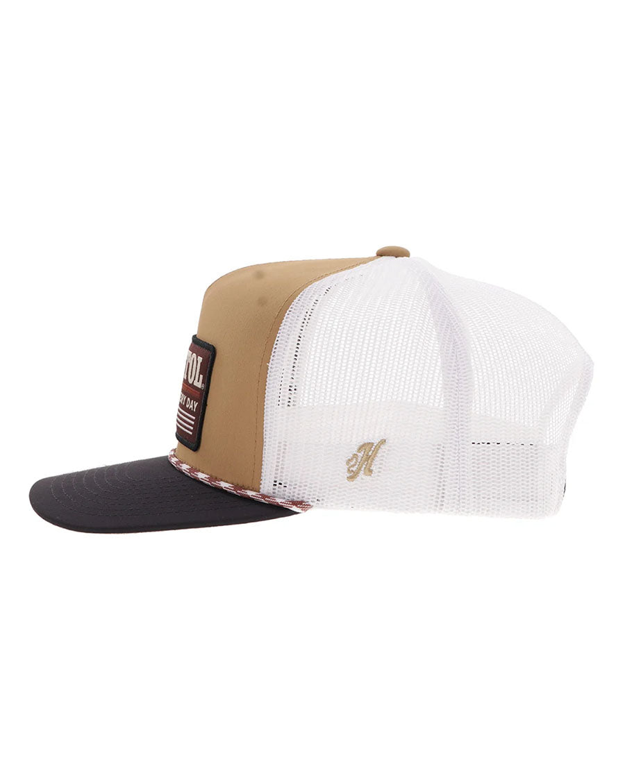 Resistol Tan / White 5-Panel Trucker With Black / Red Rectangle Patch - 2552T-Tnwh
