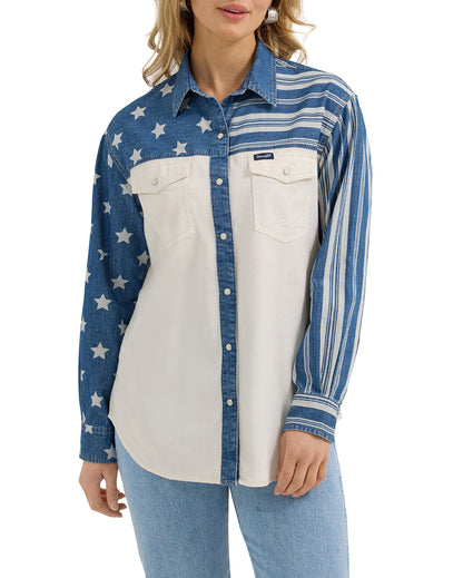 Women's Americana Boyfriend Shirt by Wrangler from Skip’s Western Outfitters | WRA-112362252-XS-MULTIPRINT