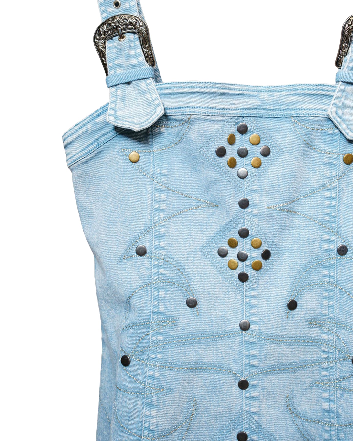 Women's Studded Western Buckle Stretch Denim Dress - 23466D-Sky-Wash