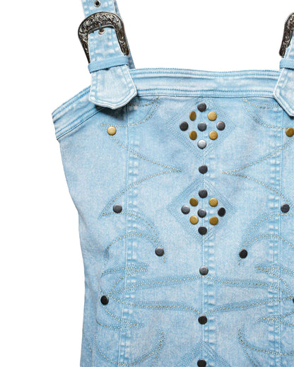 Women's Studded Western Buckle Stretch Denim Dress - 23466D-Sky-Wash