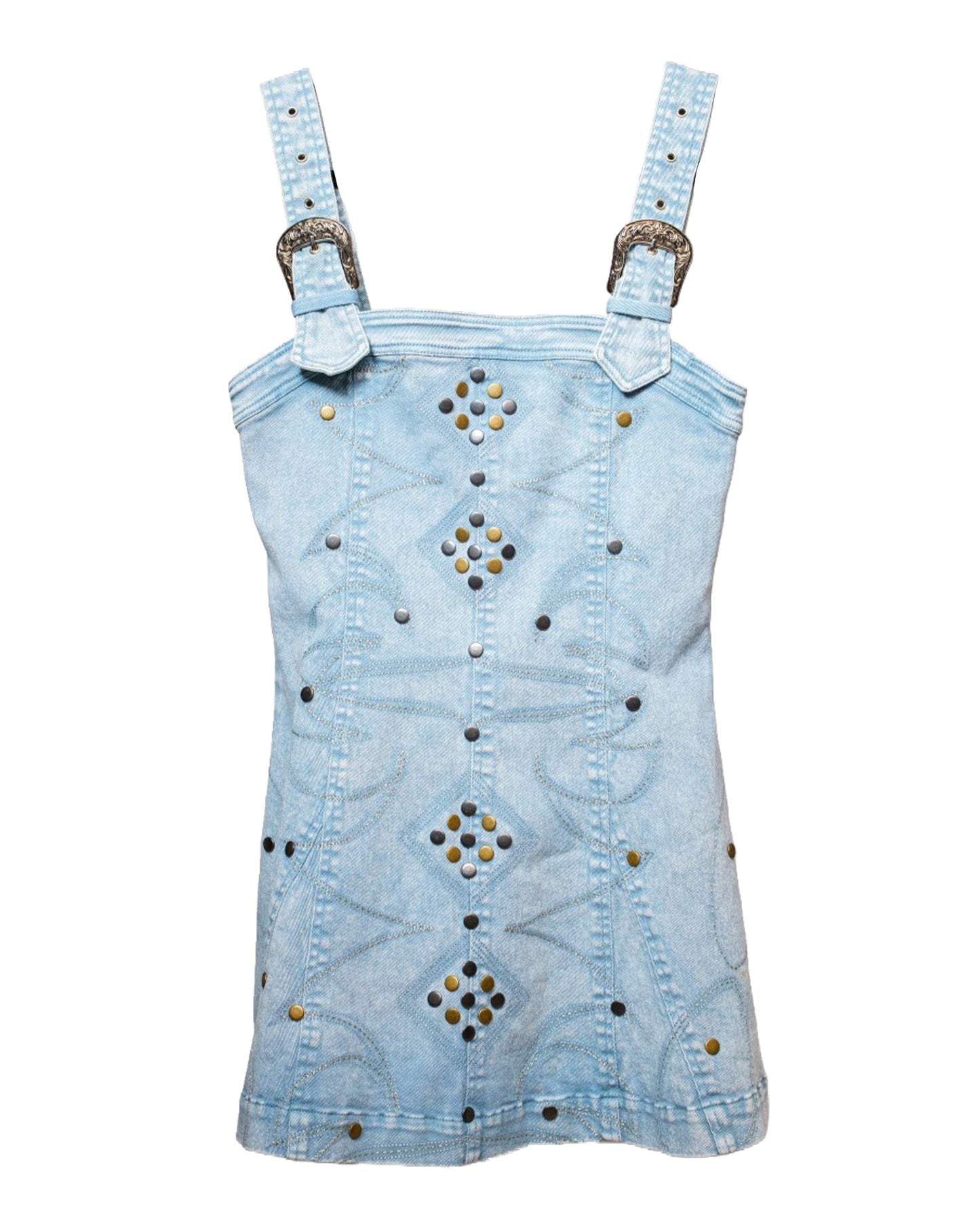 Women's Studded Western Buckle Stretch Denim Dress - 23466D-Sky-Wash