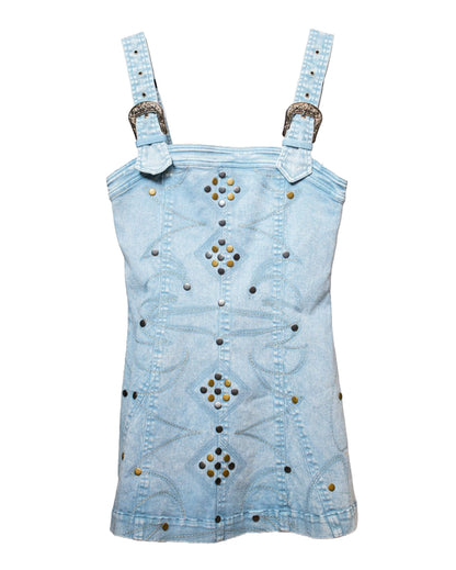 Women's Studded Western Buckle Stretch Denim Dress - 23466D-Sky-Wash