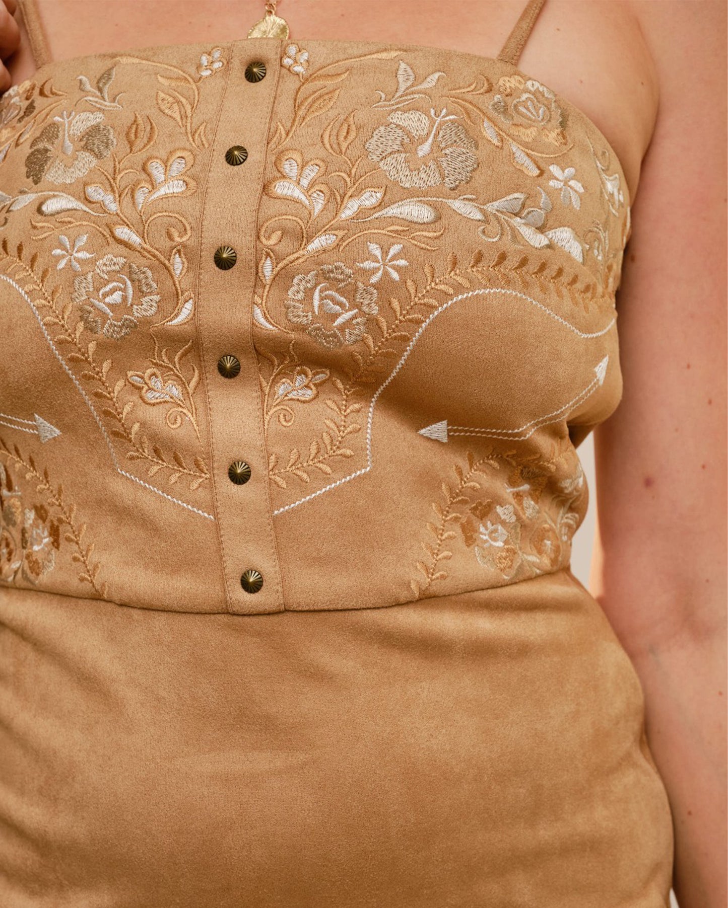 Women's Floral Embroidery Strappy Mini Dress - 23925D-Sand