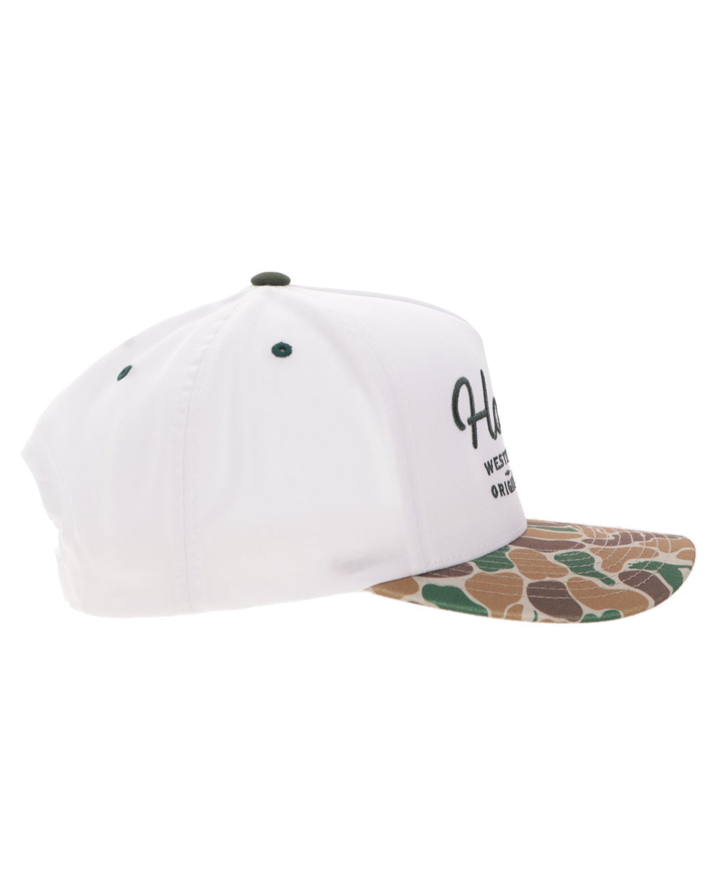 Og White / Camo 5-Panel Trucker With Green Stitching - 2560T-Whca
