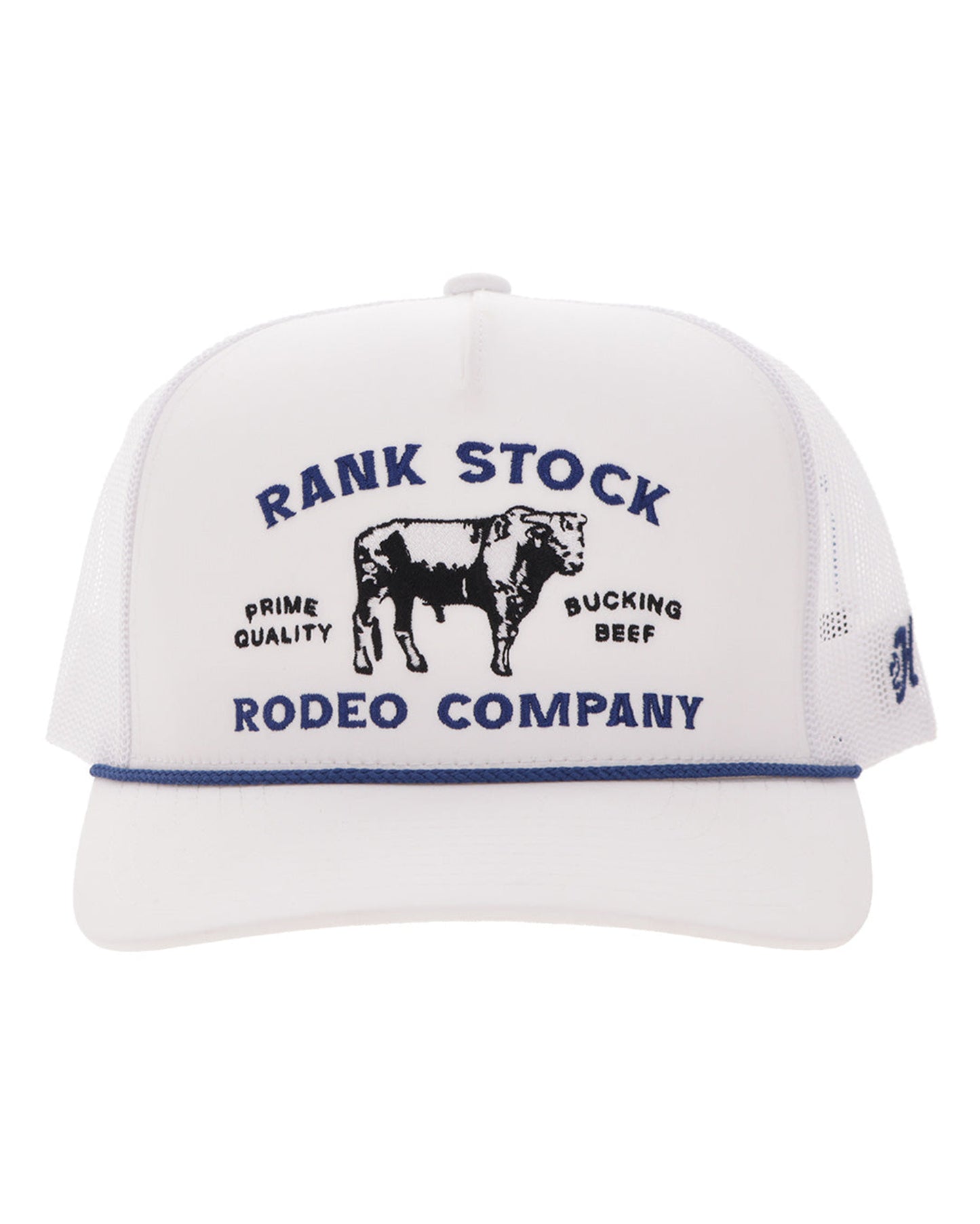 Rank Stock White 5-Panel Trucker With Blue / Black Stitching - 2662T-Wh