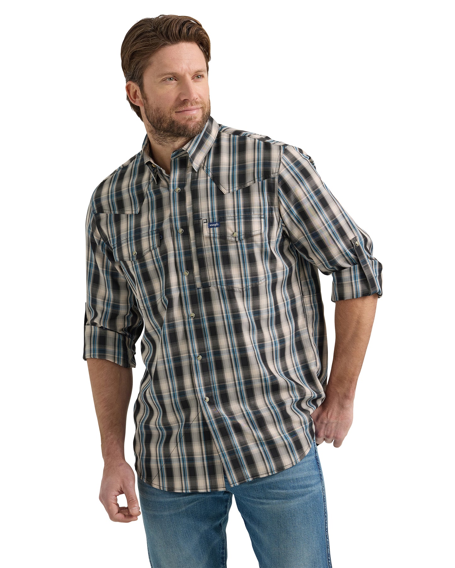 Men's Long Sleeve Performance Shirt by Wrangler from Skip’s Western Outfitters | WRA-112352665-S-TAN