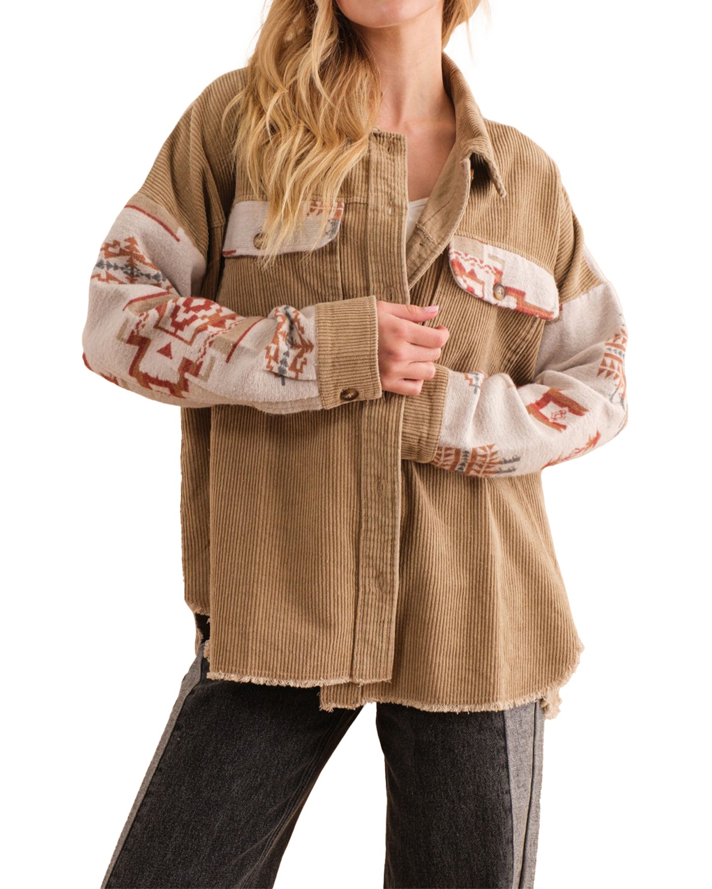Women's Corduroy Aztec Contrast Button Up Shirt Jacket