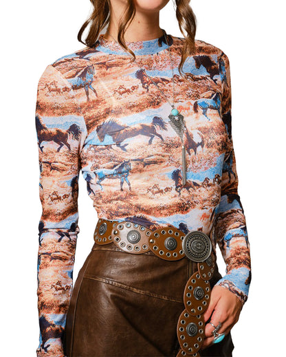 Women's Western Mesh Mock Neck Top by Blue B from Skip’s Western Outfitters | BLB-33151T-BROWN-MULTI-S