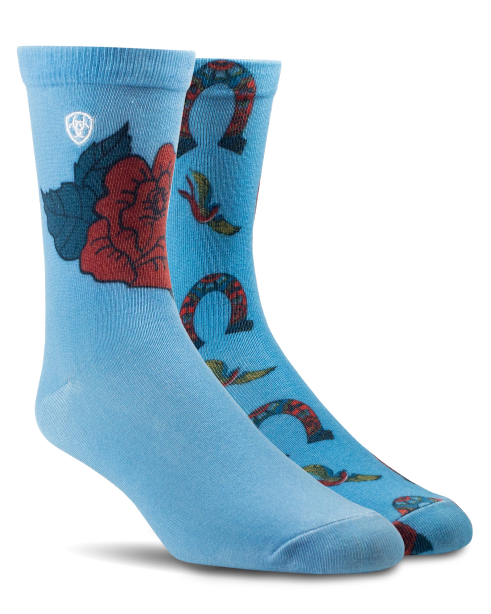 Women's Ariat Fanciful Rose Horseshoe Crew Socks by NESTERHOSIERY from Skip’s Western Outfitters | NES-3407-M-BLUEBIRD