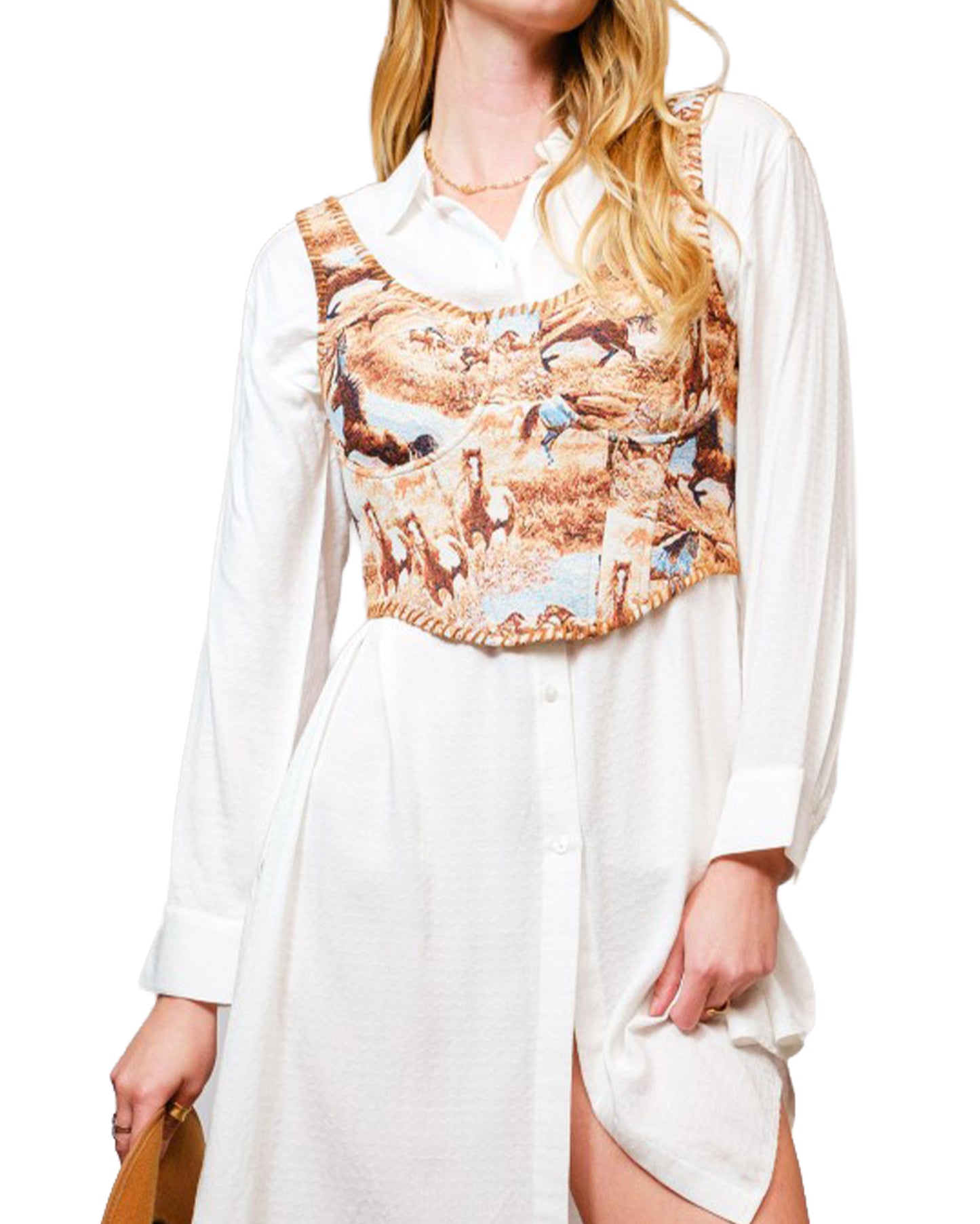 Women's Horse Jacquard Stitch Detail Corset - 36847T-Brown-Multi