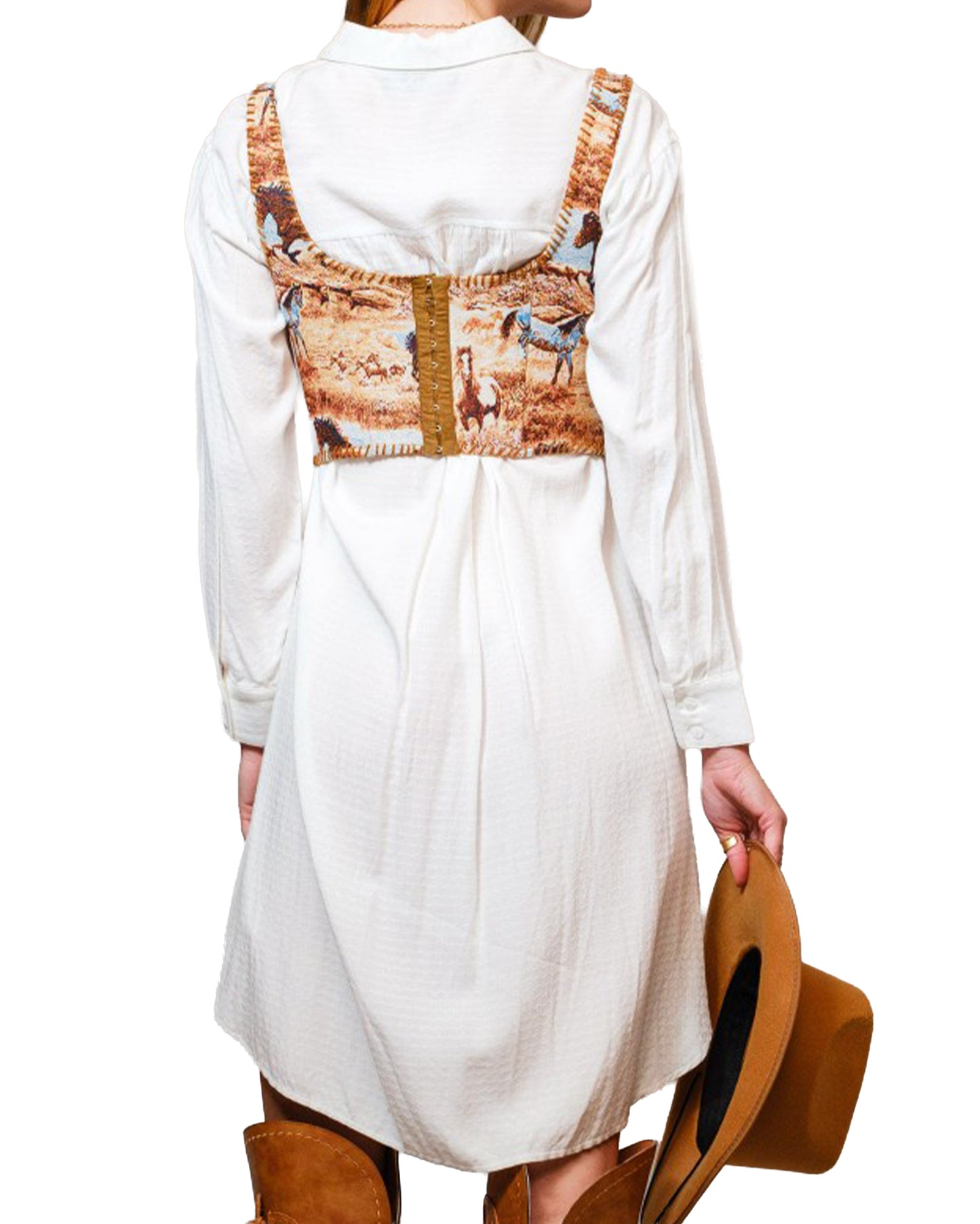 Women's Horse Jacquard Stitch Detail Corset - 36847T-Brown-Multi