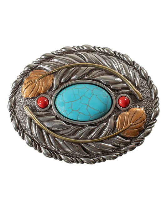 Oval Turquoise and Feather Design Belt Buckle