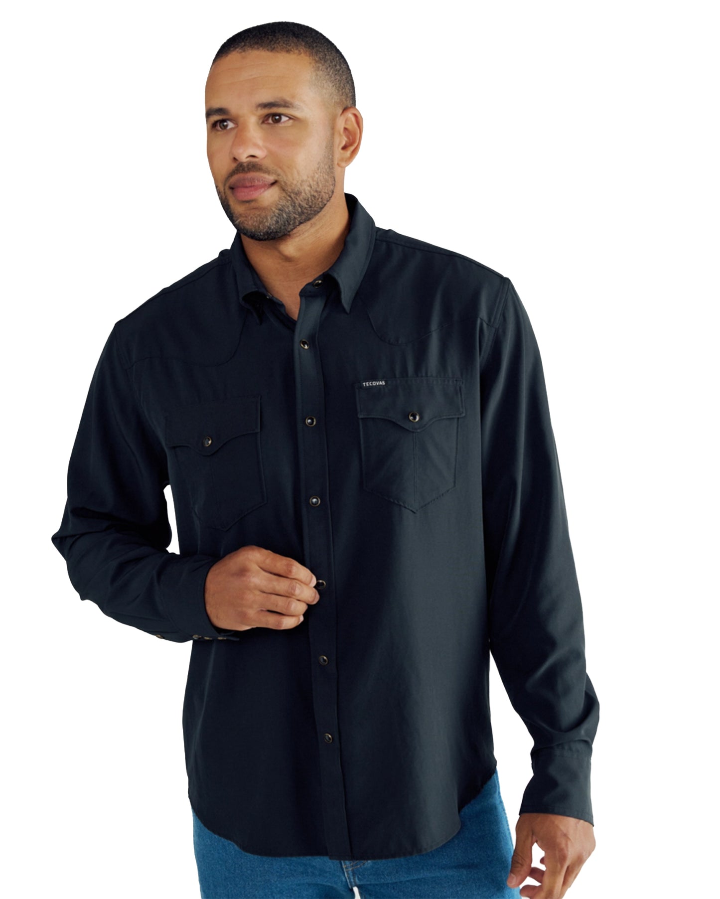 Men's Performance Long Sleeve Western Pearl Snap Shirt - 40363-Blk by Tecovas from Skip’s Western Outfitters | TEC-40363-BLK-S-BLACK
