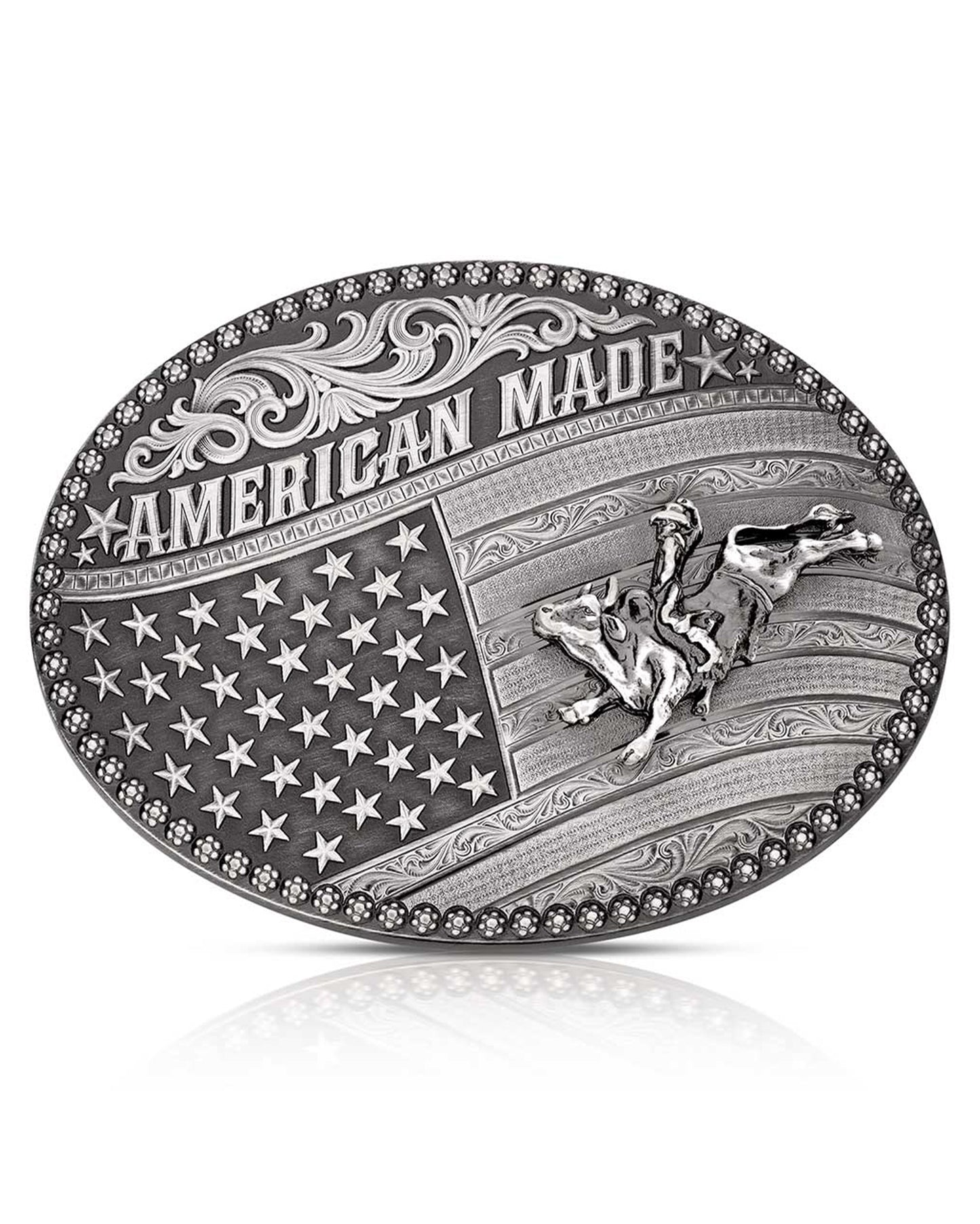 American Made Tradition Buckle With Bull Rider by Montana Silversmiths from Skip’s Western Outfitters | MON-49910MA-160-O/S