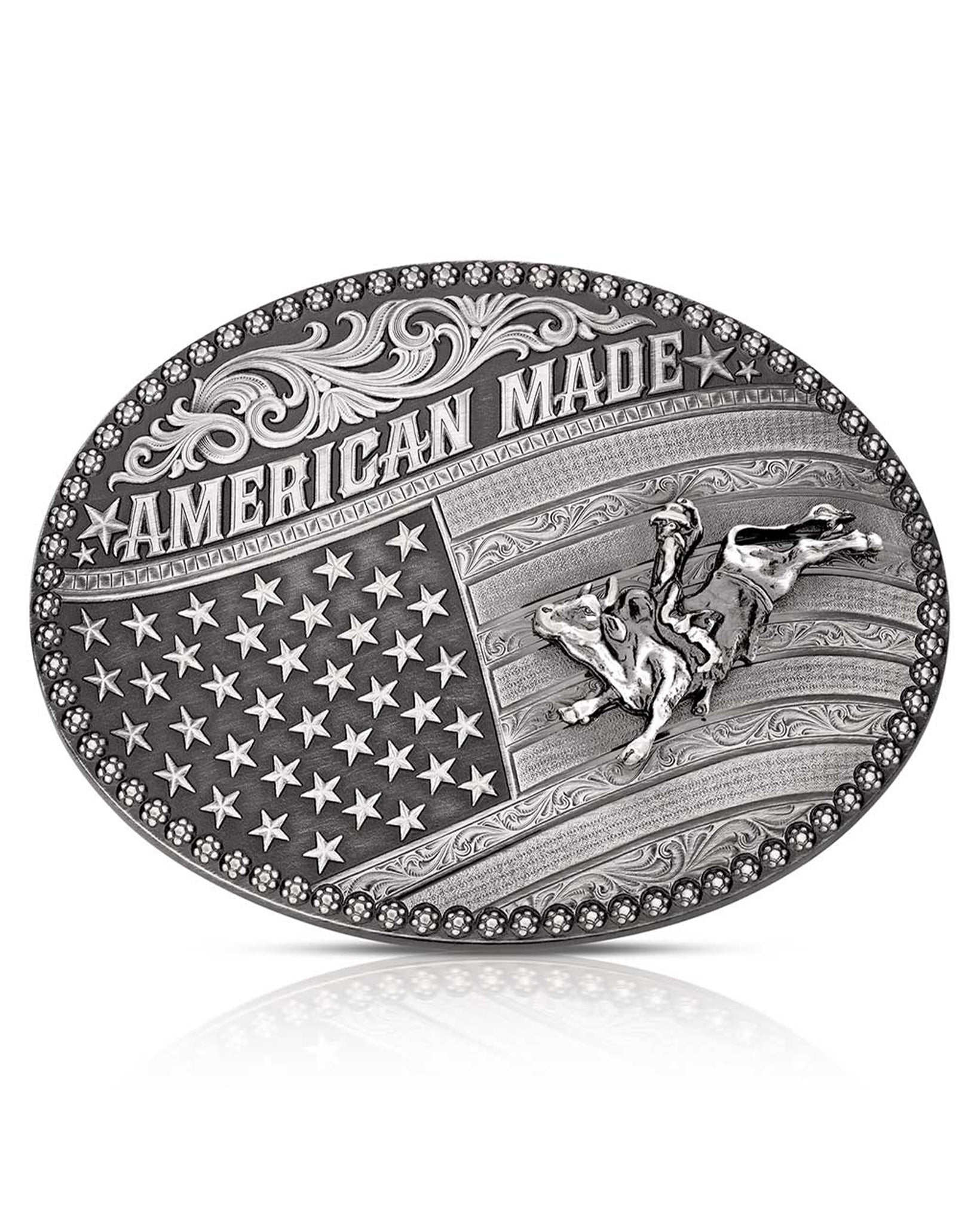 American Made Tradition Buckle With Bull Rider by Montana Silversmiths from Skip’s Western Outfitters | MON-49910MA-160-O/S
