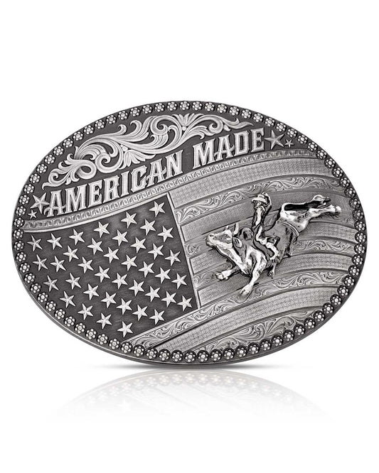 American Made Tradition Buckle With Bull Rider by Montana Silversmiths from Skip’s Western Outfitters | MON-49910MA-160-O/S