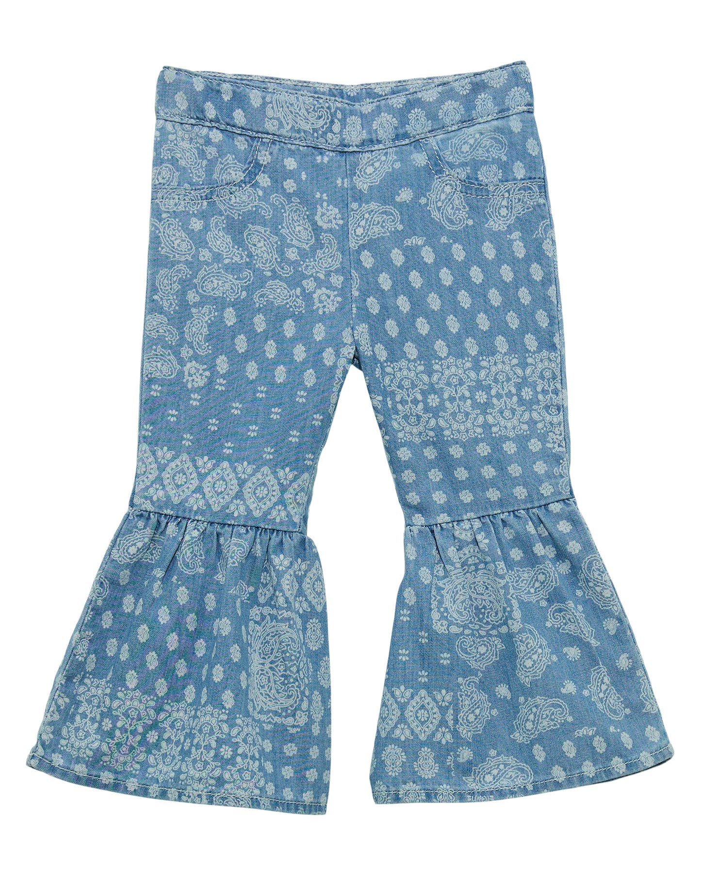Little Girls' Bandana Print Ruffle Flare Jean by Wrangler from Skip’s Western Outfitters | WRA-112365060-12-BLUE