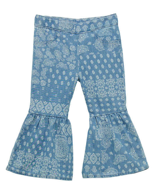 Little Girls' Bandana Print Ruffle Flare Jean by Wrangler from Skip’s Western Outfitters | WRA-112365060-12-BLUE