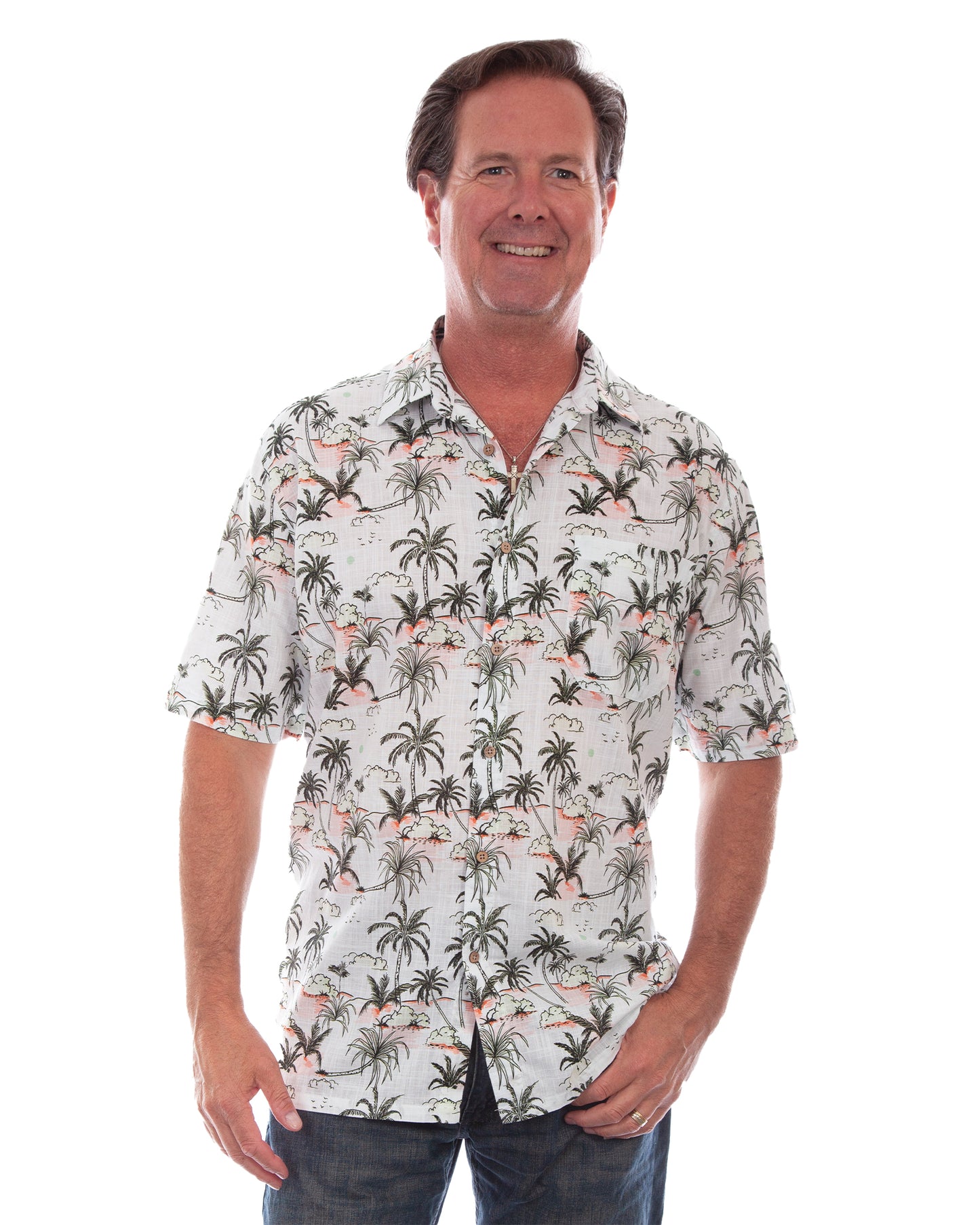 Men's Palm Tree Shirt by Scully from Skip’s Western Outfitters | SCU-5314-WHT-S-WHT
