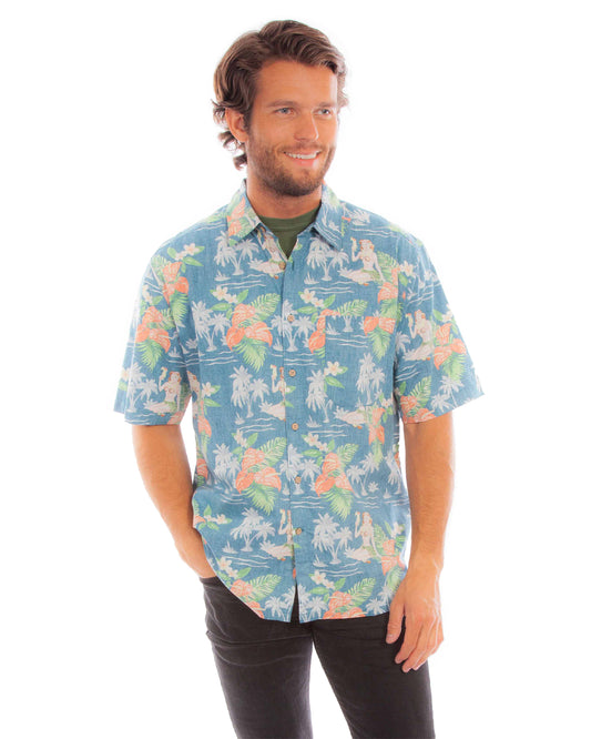 Men's Hawaiian Coconut Girl & Flowers Shirt by Scully from Skip’s Western Outfitters | SCU-5349-BLU-S-BLUE