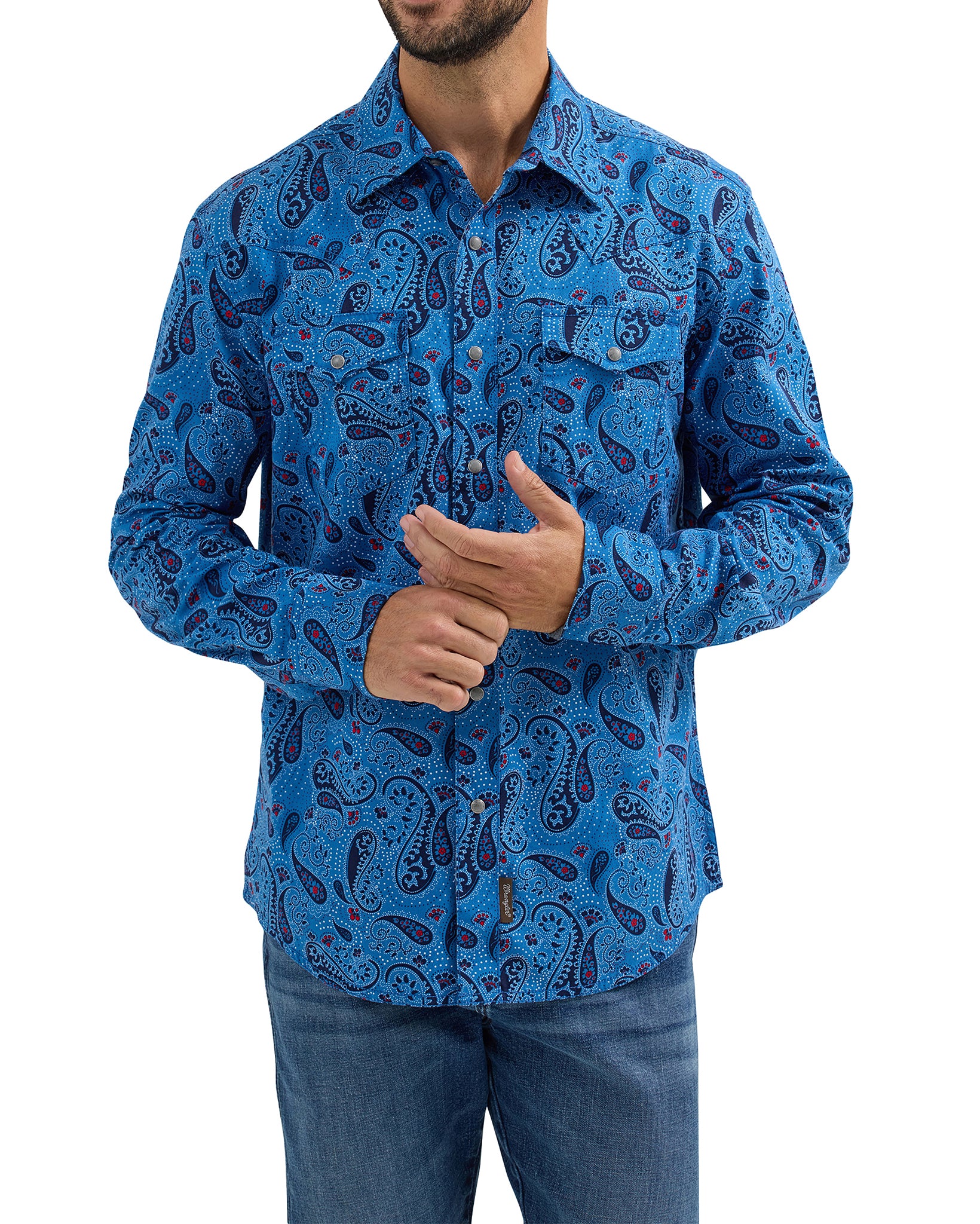 Men's Retro Premium Long Sleeve Snap Western Shirt by Wrangler from Skip’s Western Outfitters | WRA-112365627-S-BLUE