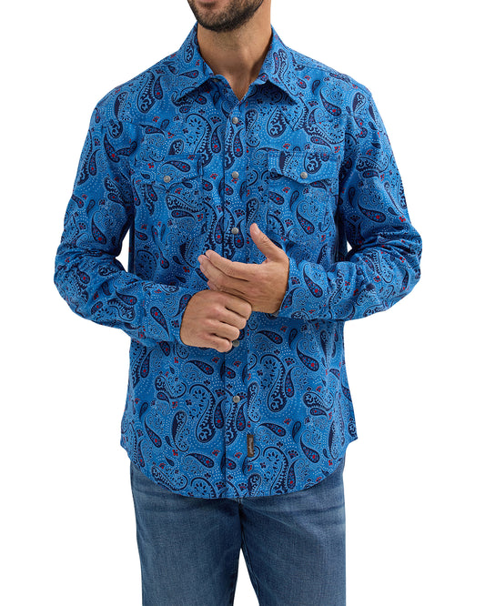 Men's Retro Premium Long Sleeve Snap Western Shirt by Wrangler from Skip’s Western Outfitters | WRA-112365627-S-BLUE