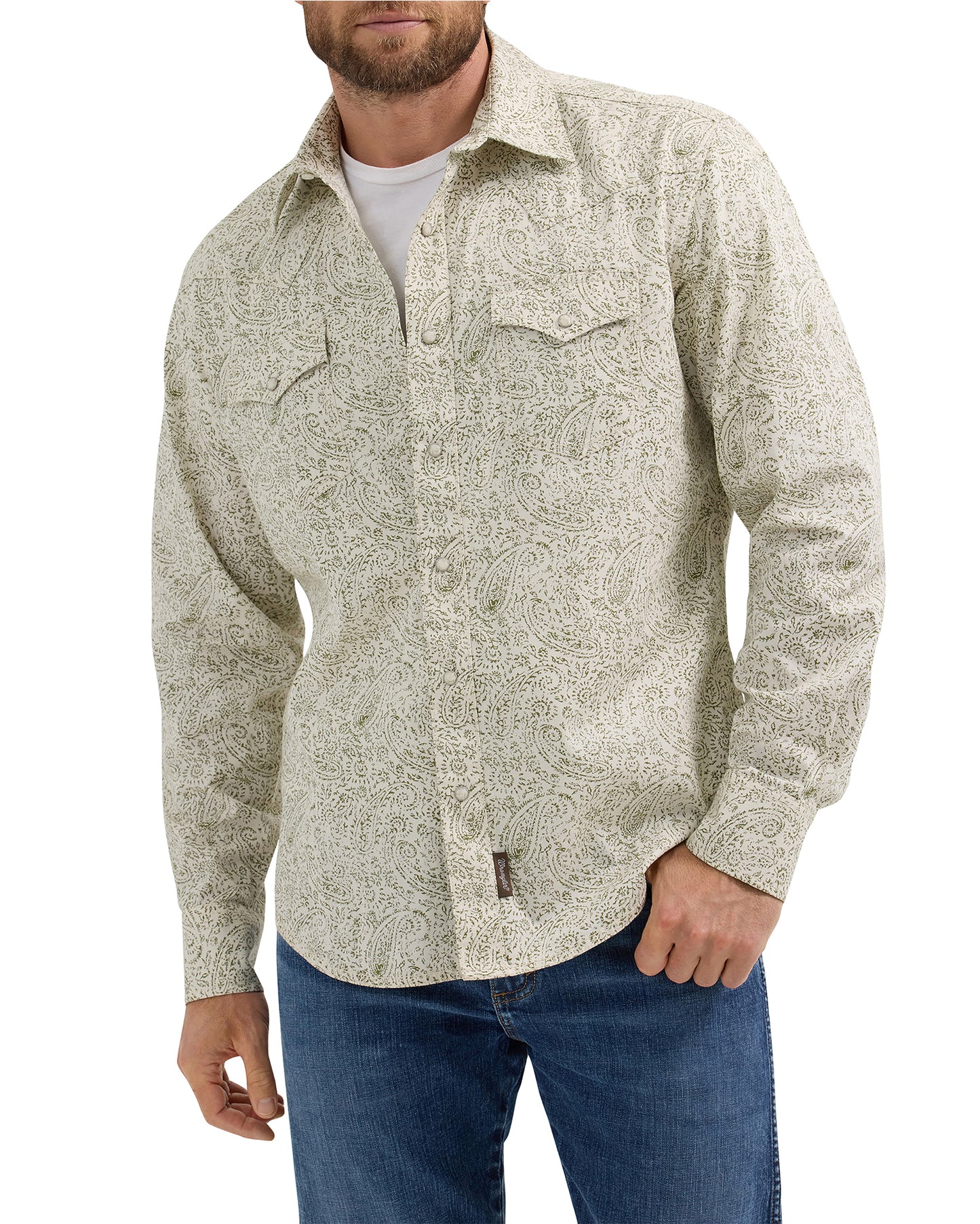 Men's Retro Premium Long Sleeve Western Snap Printed Shirt by Wrangler from Skip’s Western Outfitters | WRA-112365628-S-WHITE