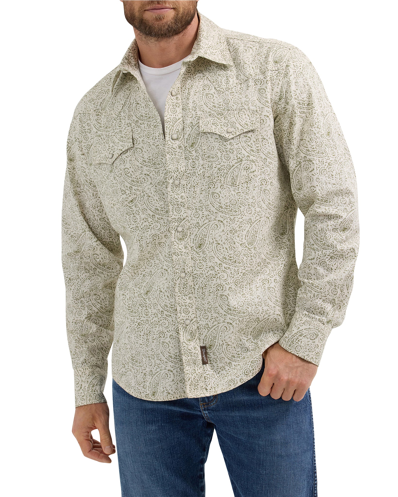 Men's Retro Premium Long Sleeve Western Snap Printed Shirt by Wrangler from Skip’s Western Outfitters | WRA-112365628-S-WHITE