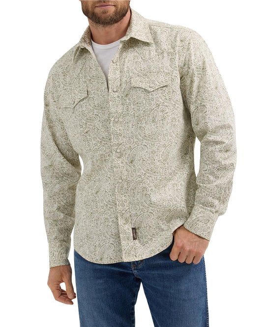 Men's Retro Premium Long Sleeve Western Snap Printed Shirt by Wrangler from Skip’s Western Outfitters | WRA-112365628-S-WHITE