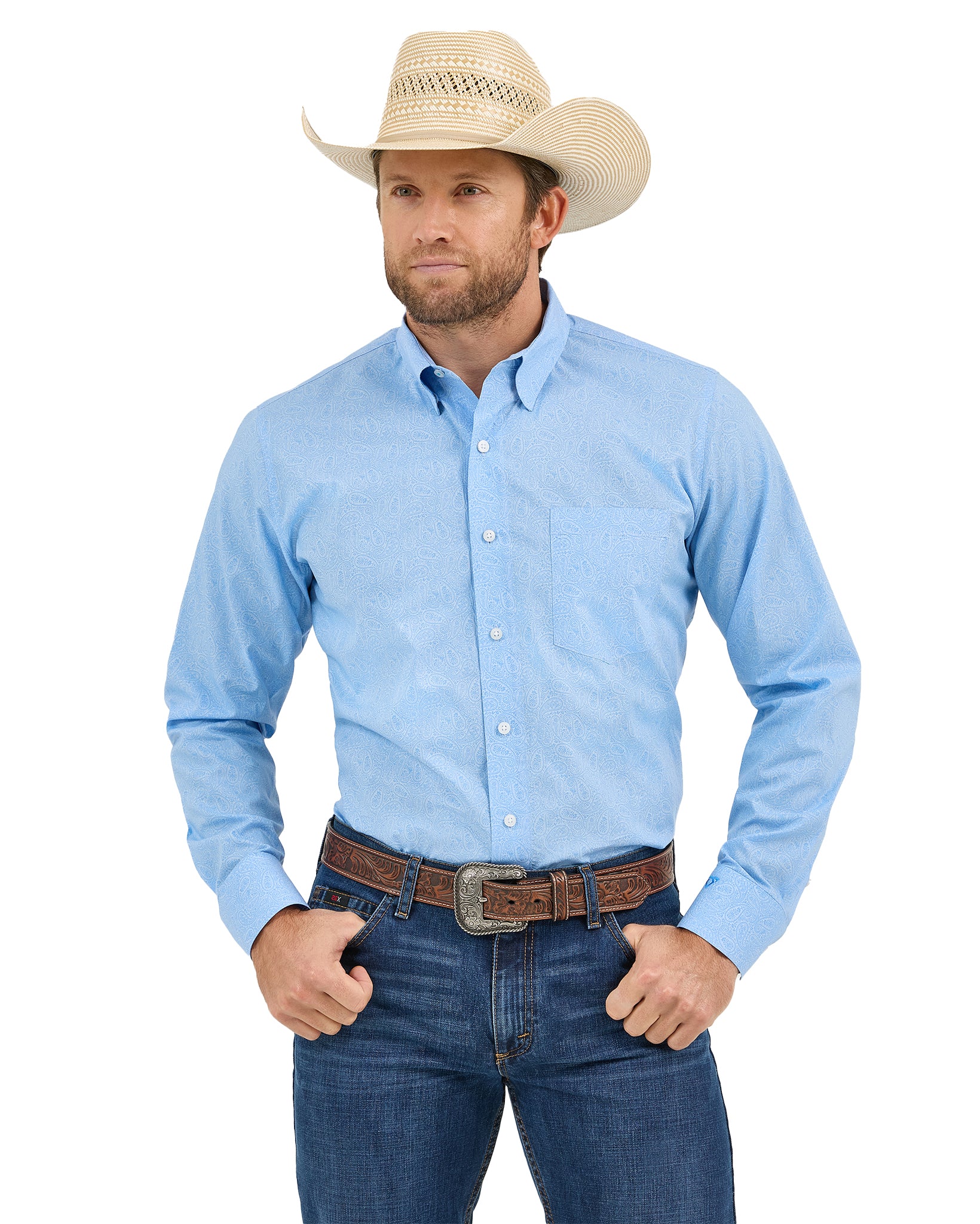 Men's Cody Johnson One Pocket Button Down Shirt by Wrangler from Skip’s Western Outfitters | WRA-112365620-S-BLUE