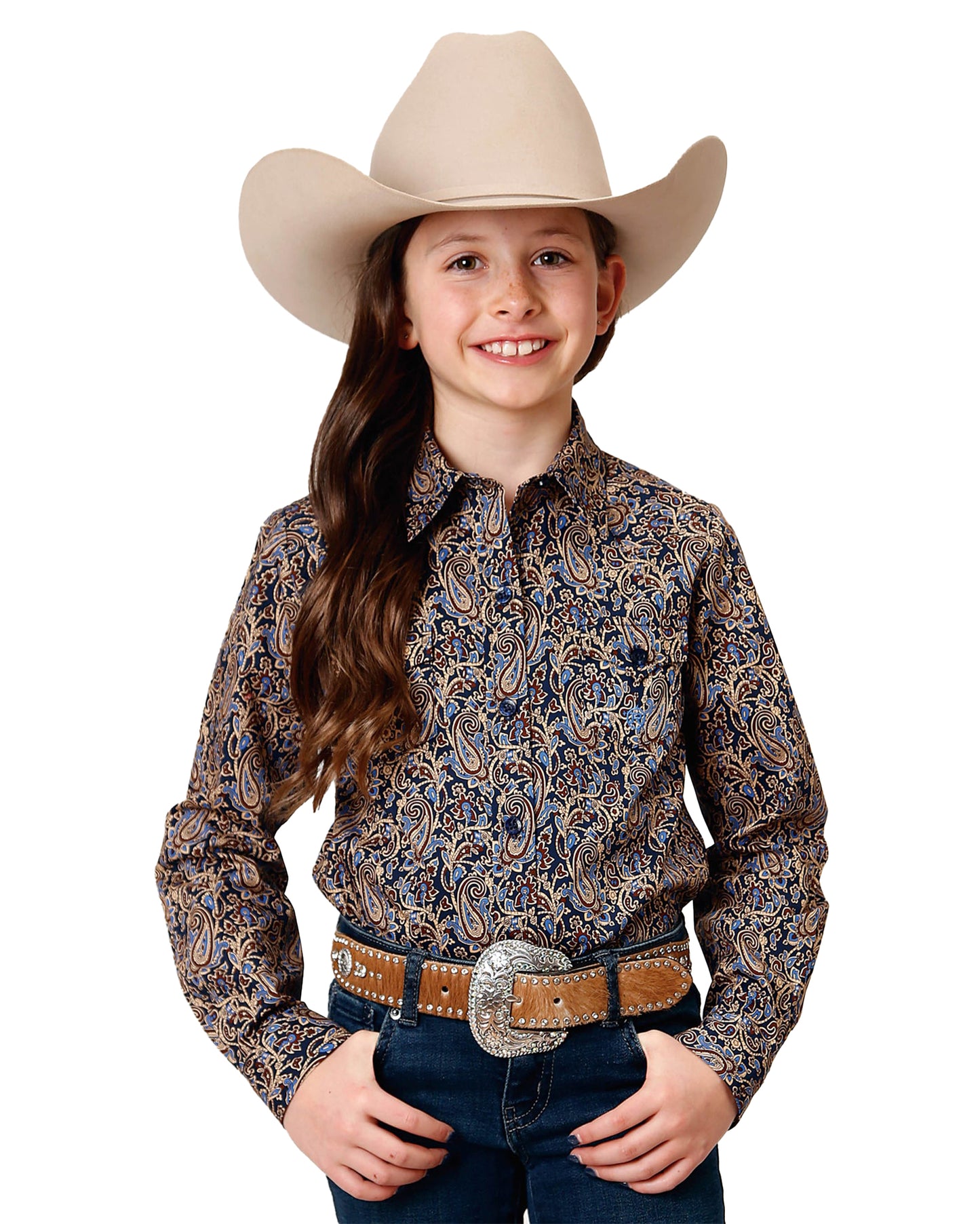 Girls' Long Sleeve Vintage Paisley Western Shirt by Roper from Skip’s Western Outfitters | KAR-03-080-0325-1005-BU-L-PAISLEY