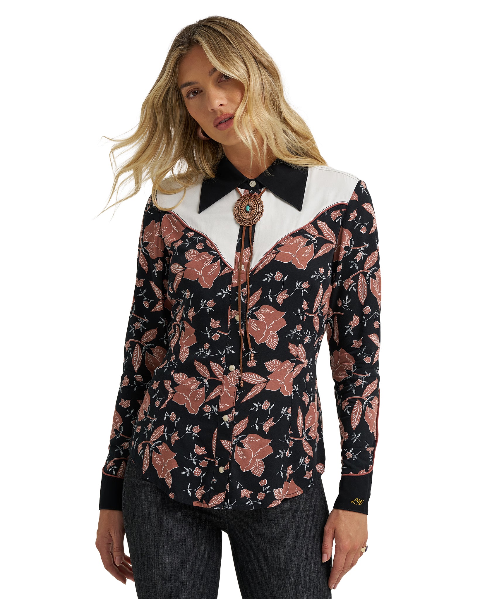 Women's X Lainey Wilson Long Sleeve Western Shirt by Wrangler from Skip’s Western Outfitters | WRA-112368255-XS-BLACK