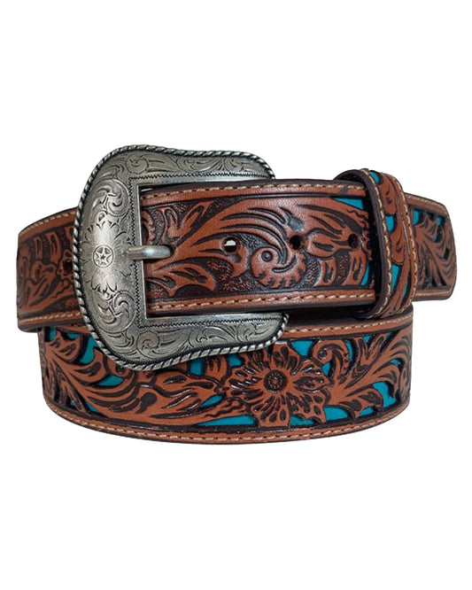 Men's Genuine Leather Belt With Floral Hand Tooled Cutout by Roper Belts from Skip’s Western Outfitters | GEM-8656500-233-32-COGNAC