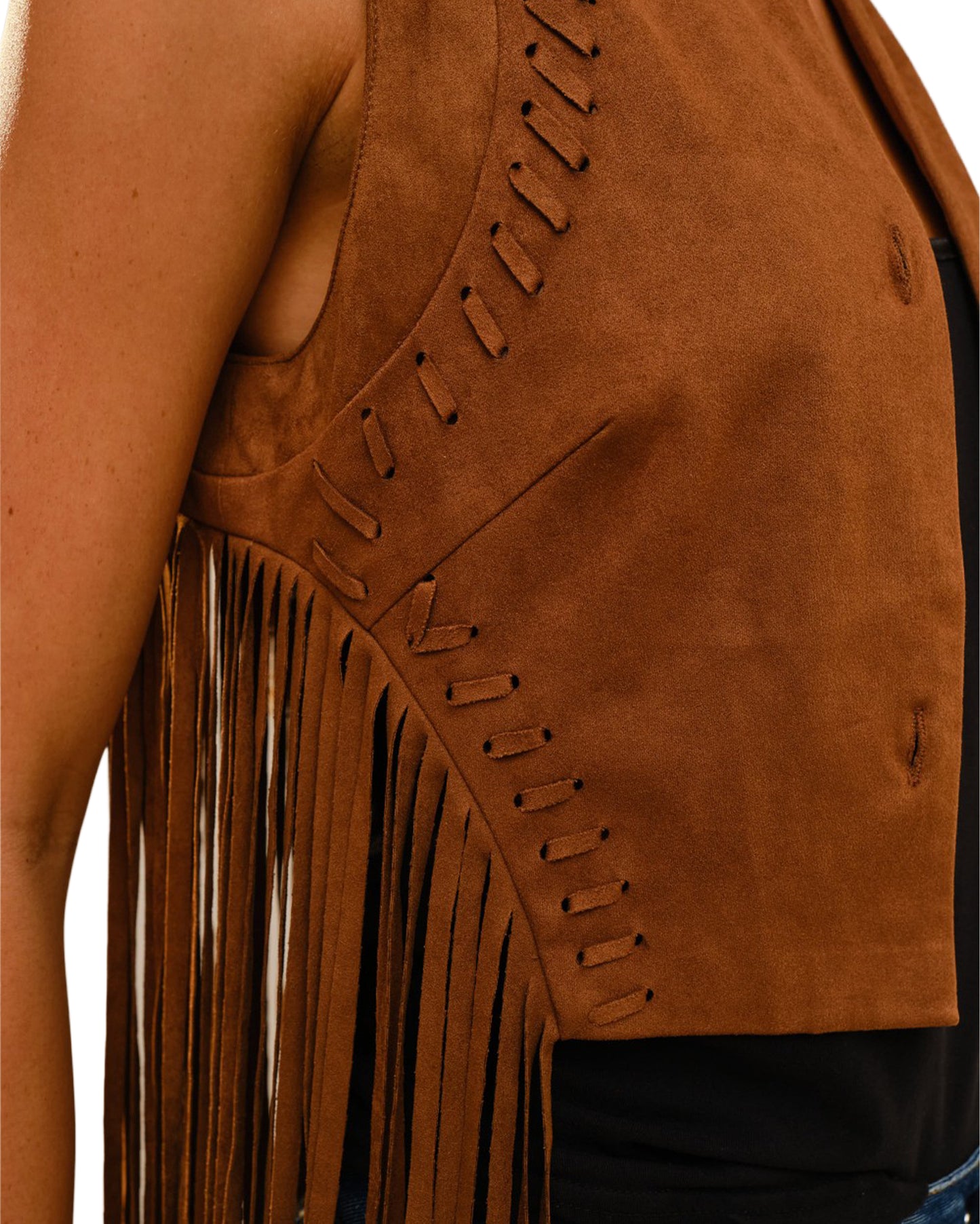 Women's Suede Cropped Fringe Vest - 91717V-Camel