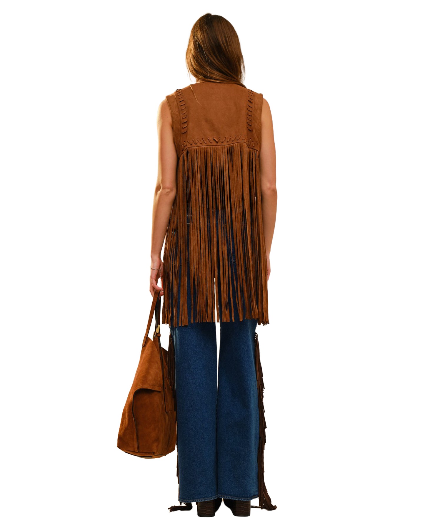 Women's Suede Cropped Fringe Vest - 91717V-Camel