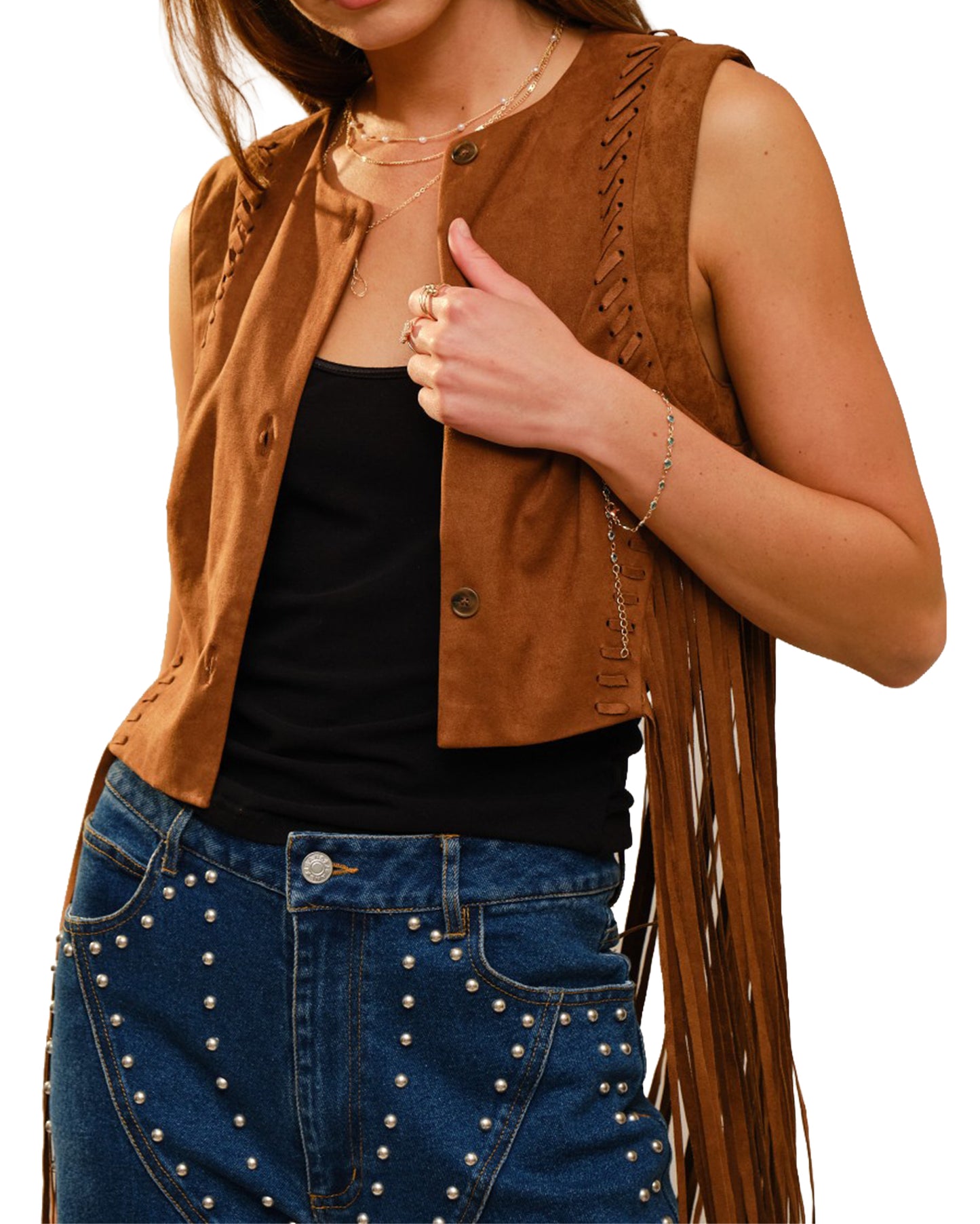 Women's Suede Cropped Fringe Vest - 91717V-Camel by Blue B from Skip’s Western Outfitters | BLB-91717V-CAMEL-S-CAMEL