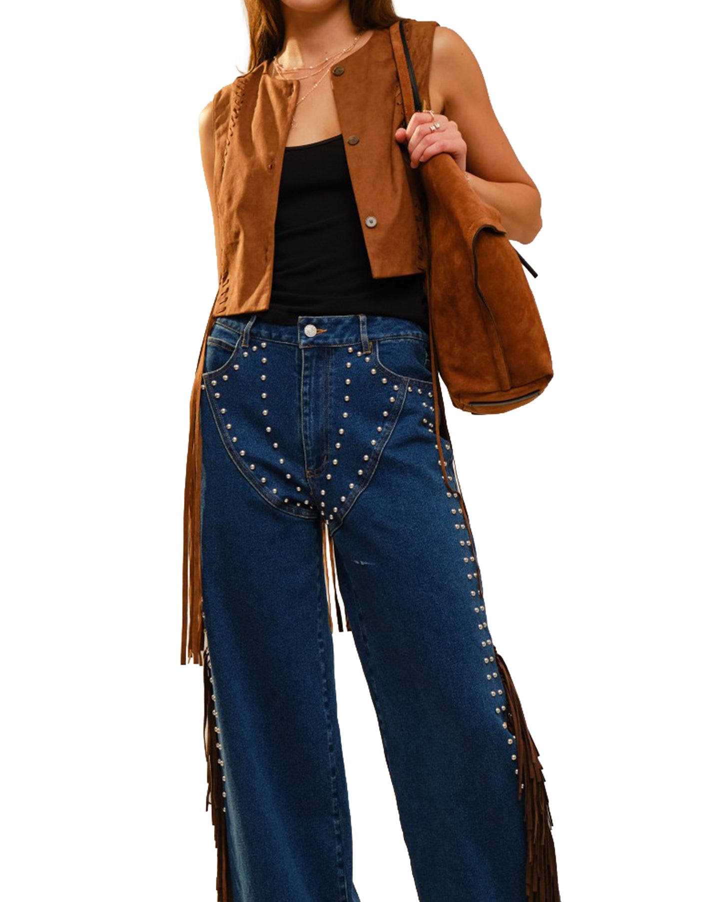 Women's Suede Cropped Fringe Vest - 91717V-Camel