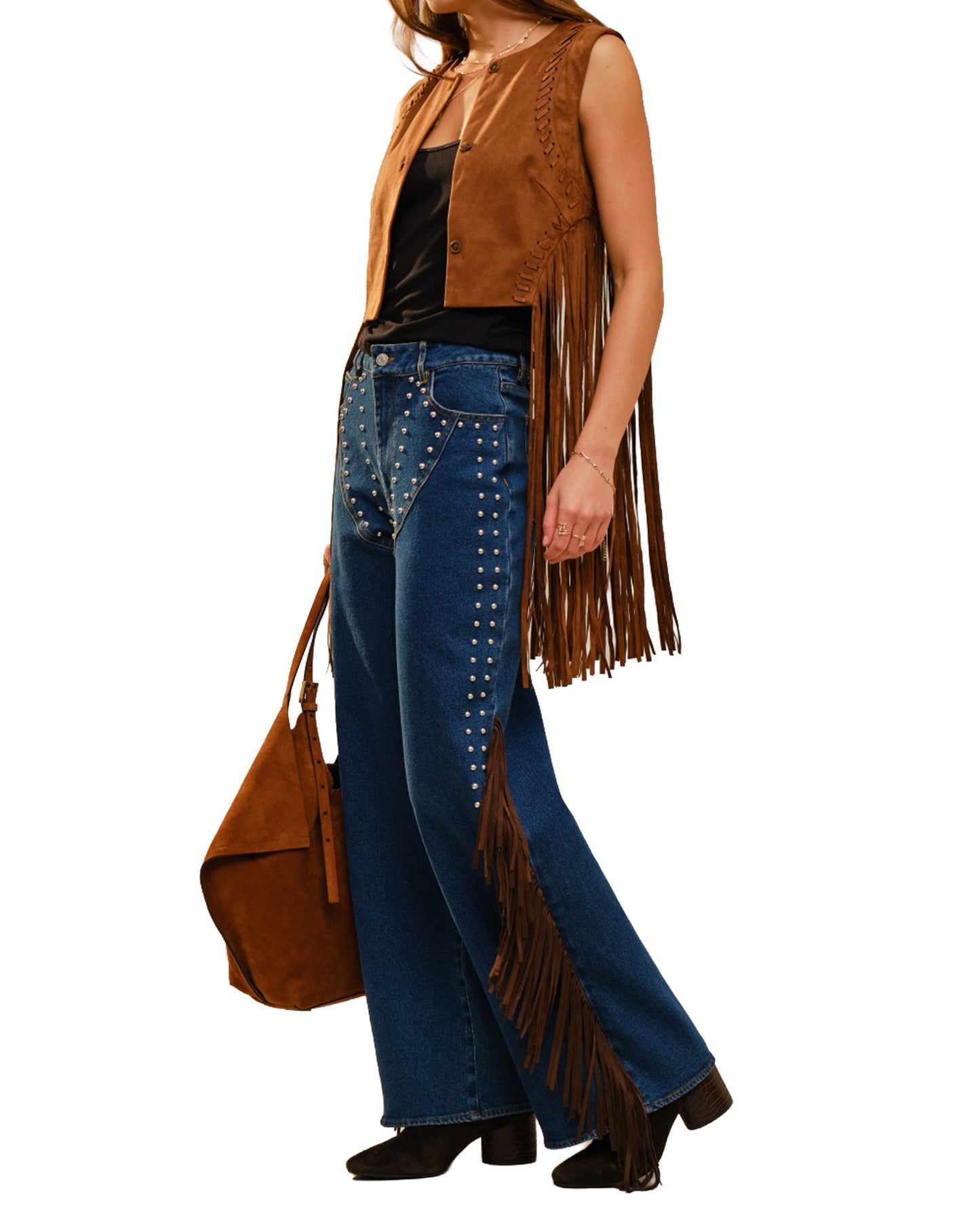 Women's Suede Cropped Fringe Vest - 91717V-Camel